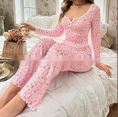 Small Floral Print Lettuce Edge Lace Collar Button Pajamas Suit -