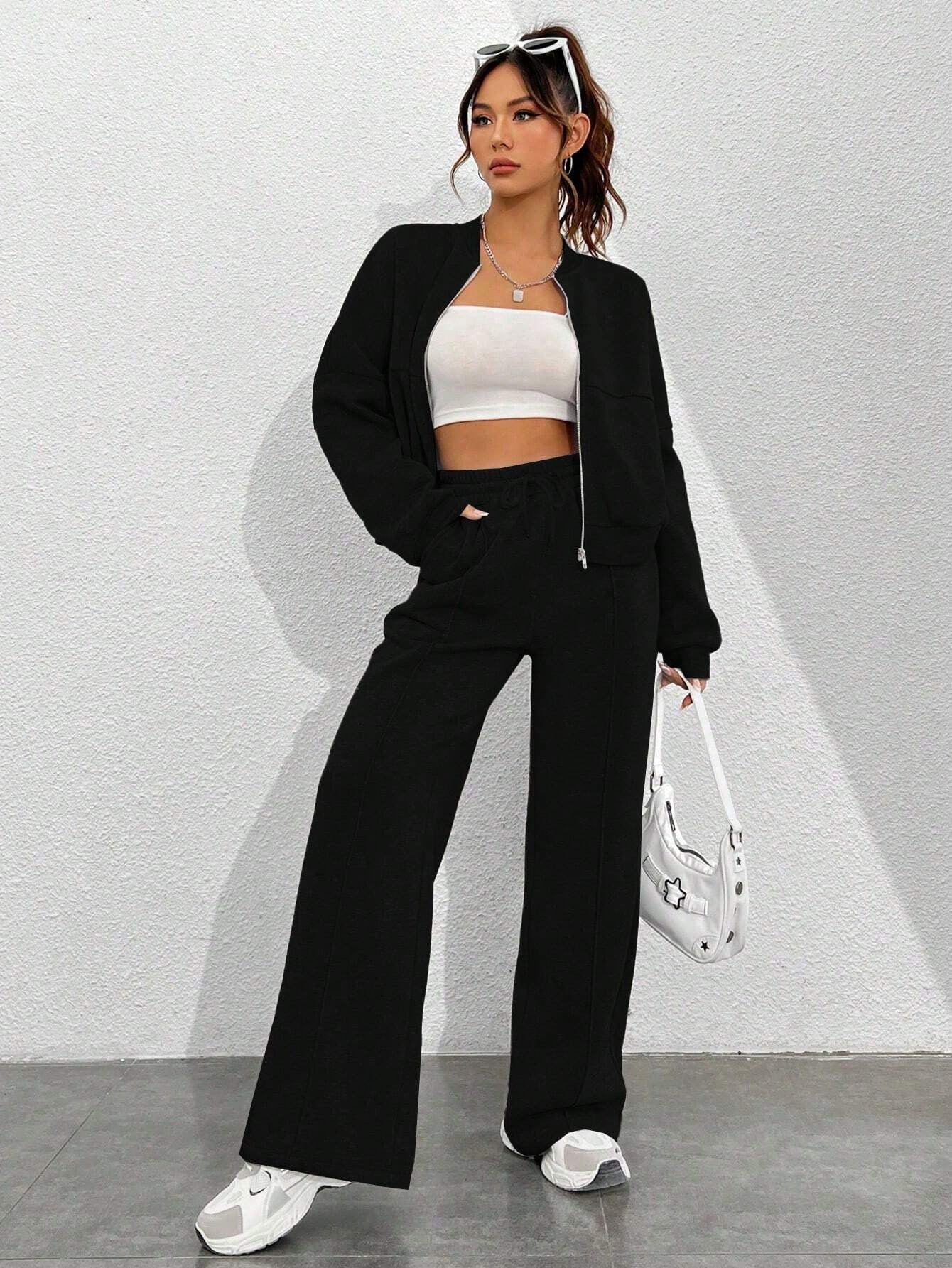 Zipper Slim Fit Elastic Two-piece Suit For Women -