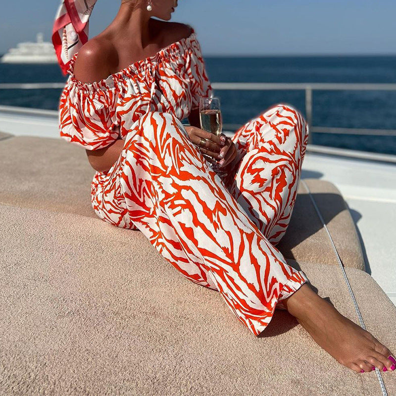 Women's Fashionable Temperament Off-shoulder Short-sleeved Trousers Two-piece Set -