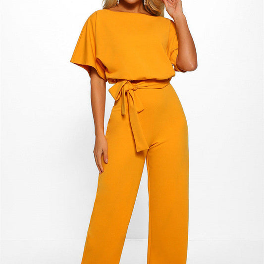7-color Fashion Lace-up Button Short-sleeved Women's Jumpsuit -