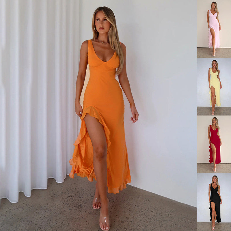Rochie Elegantă cu Volane - Curele, Fentă, Decolteu Adânc -