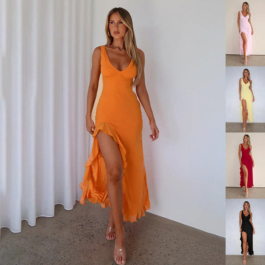 Rochie Elegantă cu Volane - Curele, Fentă, Decolteu Adânc -