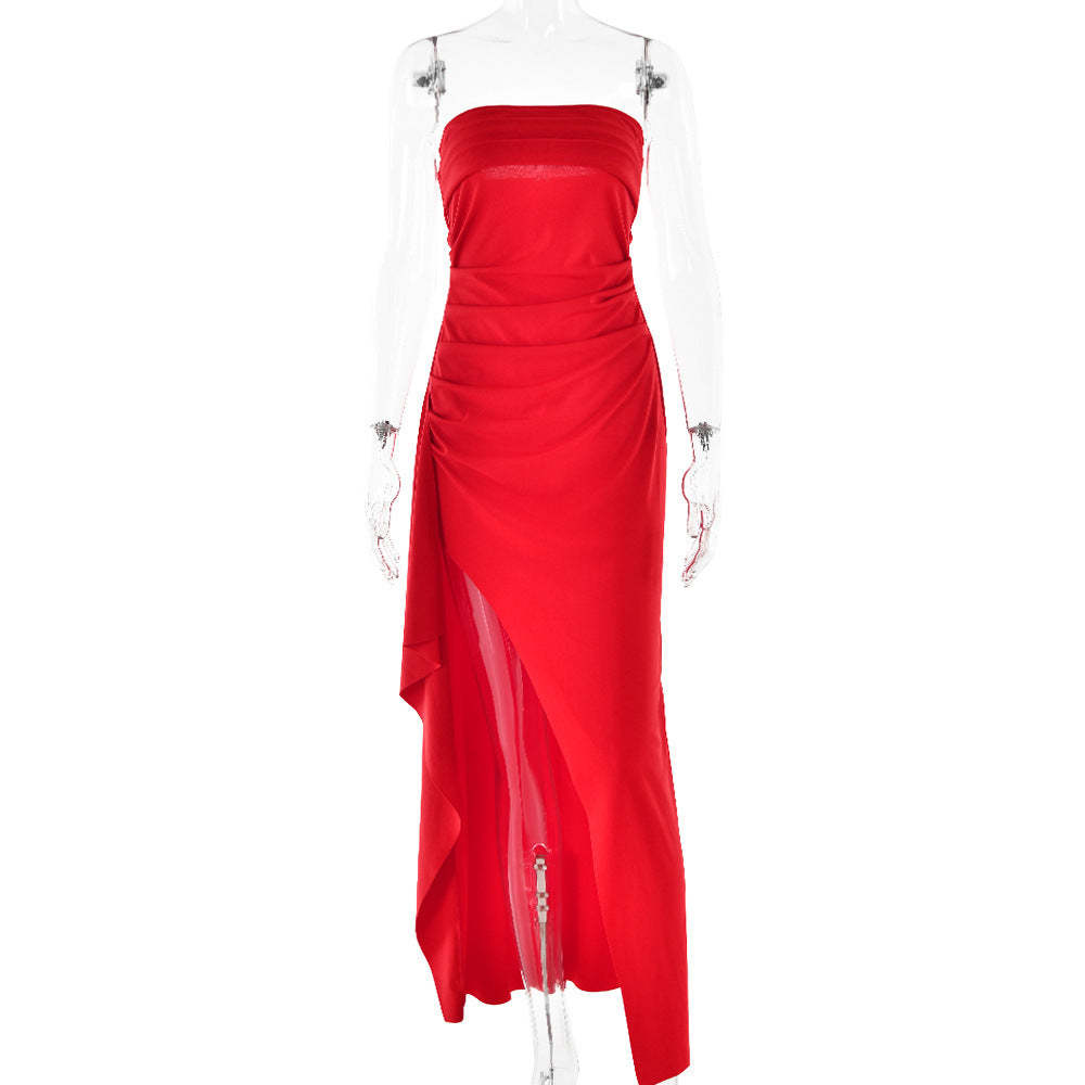 Rochie Eveniment Strapless - Pliuri Elegante, Fentă Laterală -