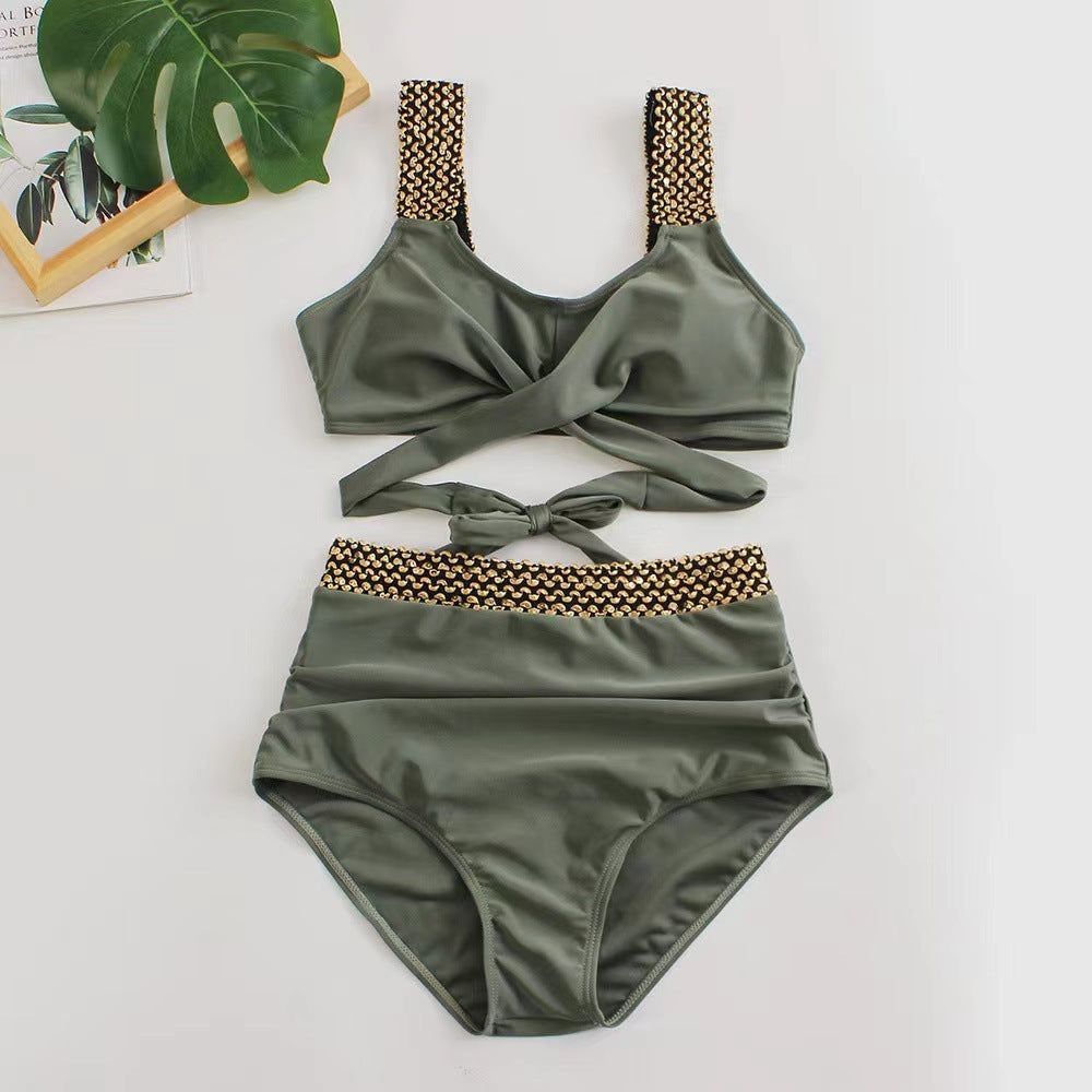 Ladies Two-Piece Bikini Crossover High Waist Swimsuit -