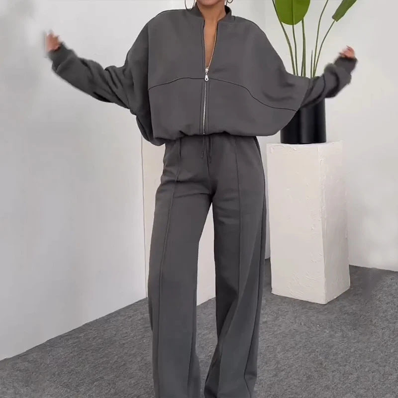 Solid Color Loose Zip Sweater Casual Versatile Trousers Suit -