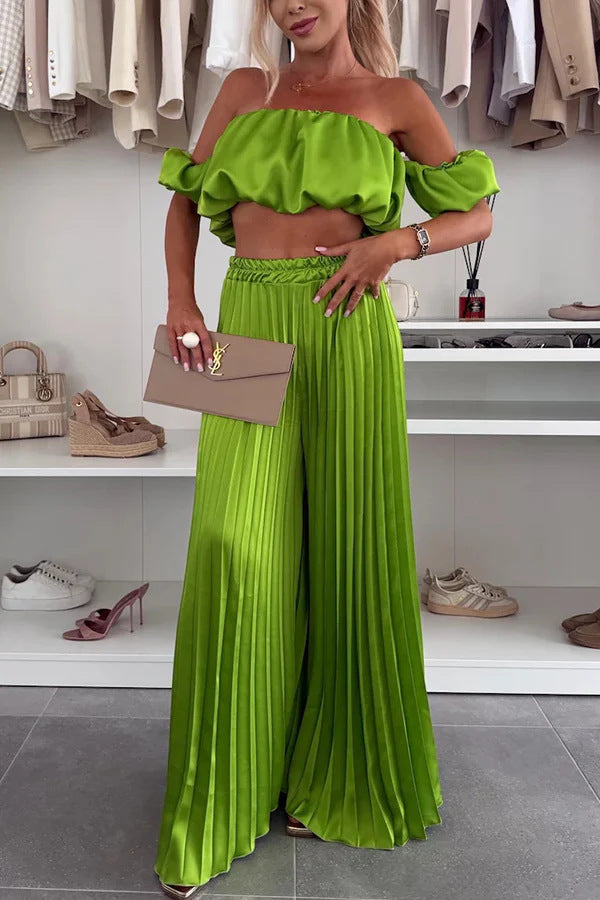 Women's Fashion Satin Tube Top Wide Leg Pants Suit -