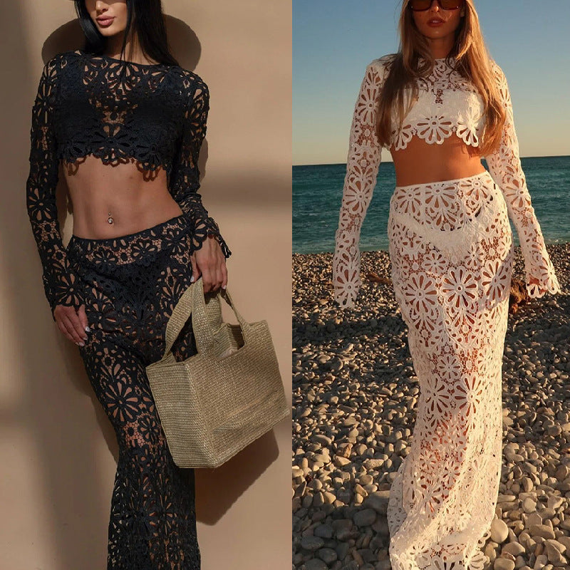 European And American Ladies Slim Fit Hollow-out Lace Tops Skirt Two-piece Suit -