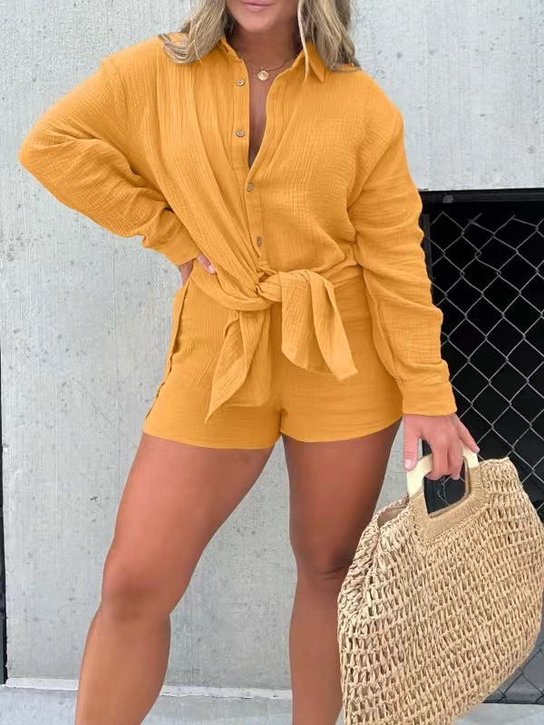 Fashion Double-layer Crepe Long Shirt Shorts -