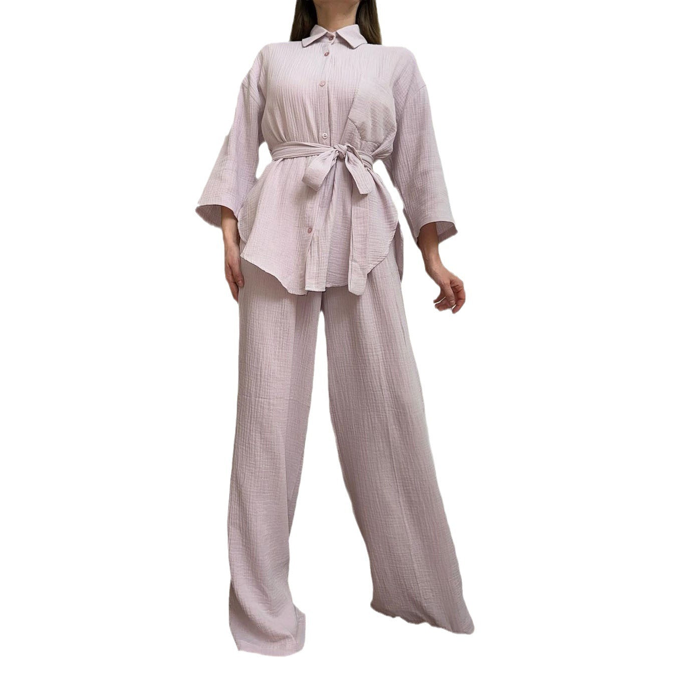 Fashion Loose-fitting Long Sleeves Lace-up Shirt Wide Leg Trousers Suit -