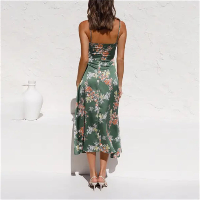 Rochie Beach cu Curele și Fentă laterală - Imprimeu Floral, Talie Decorativă -